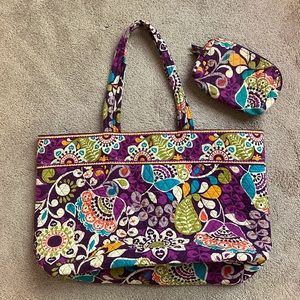 Vera Bradley Grand Tote XL and Matching Cosmetics Bag in Plum Crazy Print